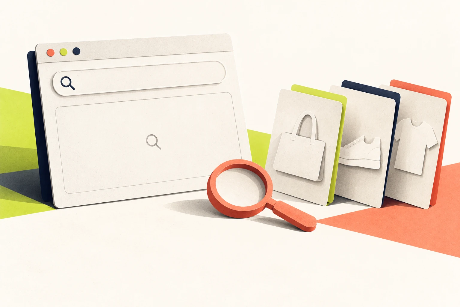 Une fenêtre de recherche vide fait face à des fiches produits et à une loupe.