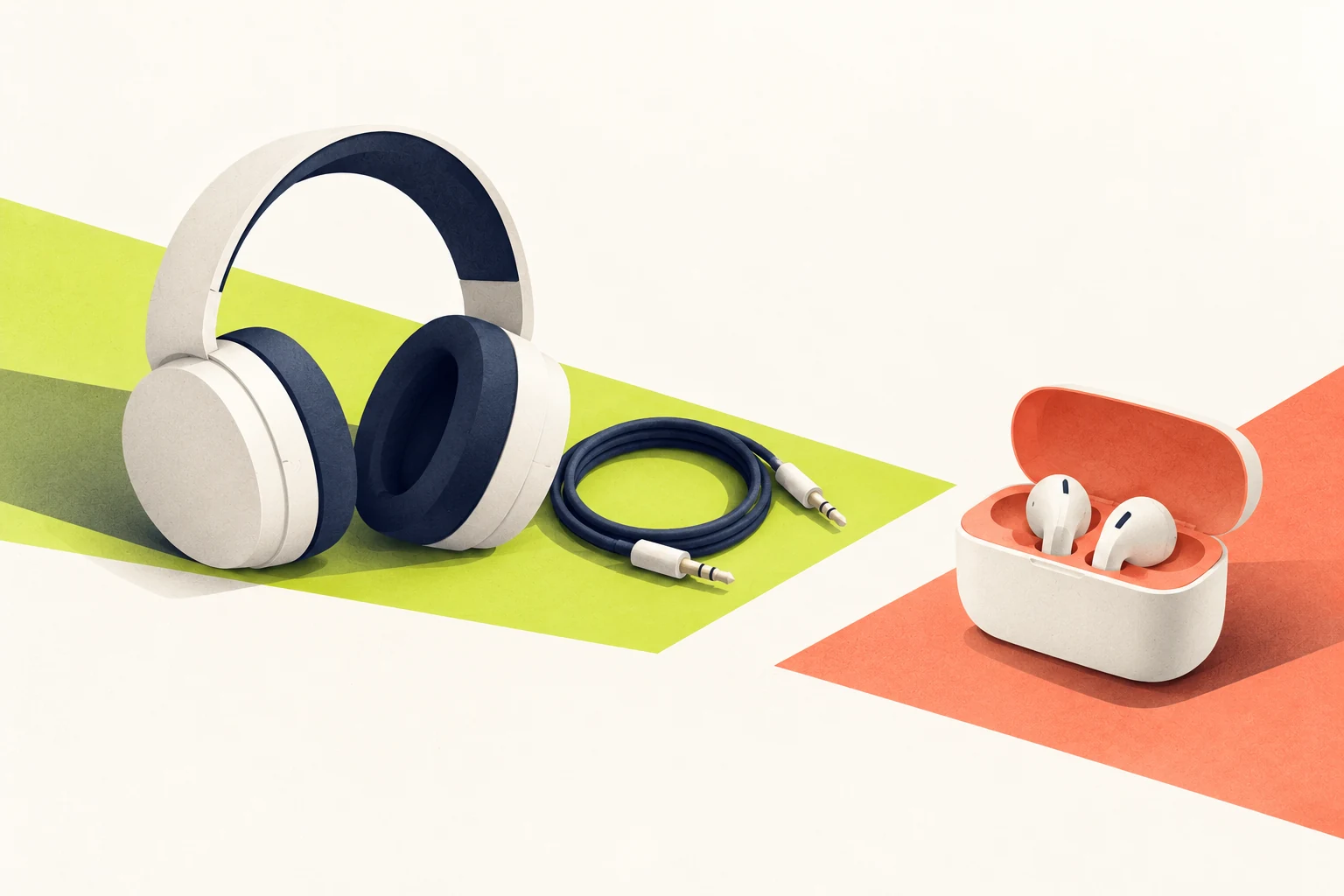 Un casque et son câble sont regroupés, tandis que des écouteurs sont présentés séparément.