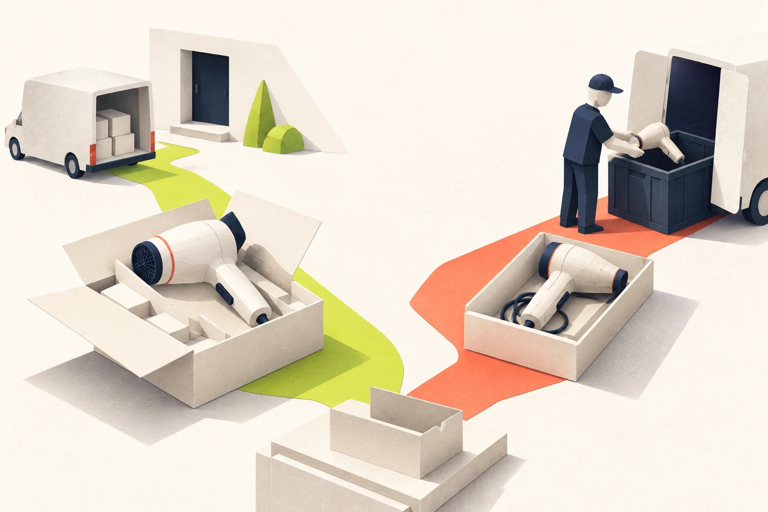 Illustration conceptuelle de deux circuits distincts pour livrer un appareil électrique neuf et reprendre un appareil usagé équivalent.